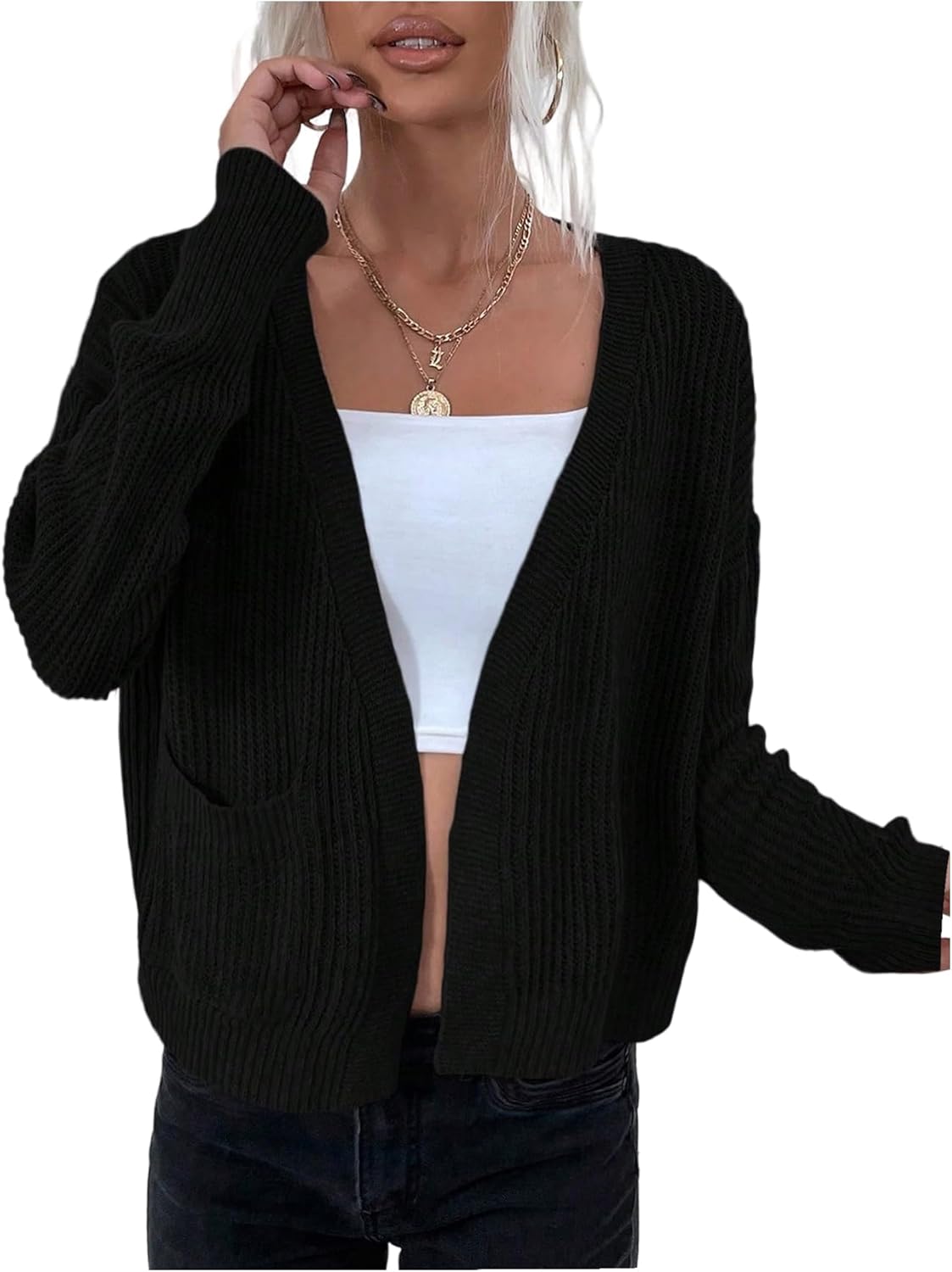 SMALL pretty garden Women's Knit Open Front Long Sleeve Cropped Cardigan Sweater Soft Knit Spring Fall Outerwear