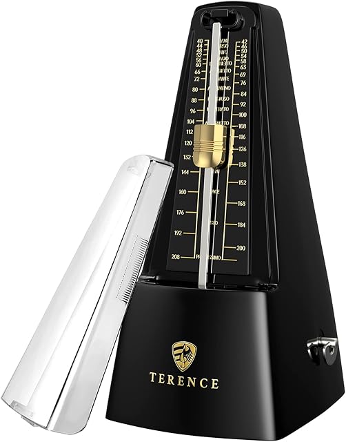 TERENCE Mechaniczny metronom na gitarę, bas, fortepian, skrzypce, bas, metronom z precyzyjnym ruchem o wysokiej precyzji, tradycyjna piramida dla początkujących, dorosłych i dzieci, czarny