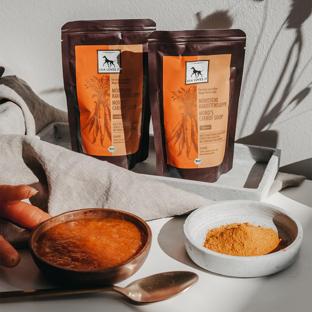LILA LOVES IT Bio Morosche Karottensuppe für Hunde – altbewährtem Hausrezept, beruhigt den Magen-Darm-Trakt, vegan, Bio MOROSCHE KAROTTENSUPPE, 18 x 130ml Beutel