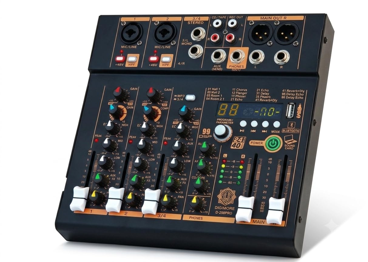 DIGIMORE Professional Audio Mixer with 99 DSP Effects| 2 Mono and 2 Stereo Channel| USB/PC Recording| Bluetooth Connectivity v5.3| Ideal for Live Streaming, Podcasting, Karaoke & Home Studio(D-250PRO)-image-28