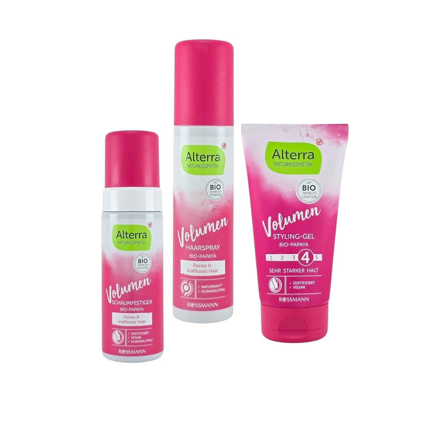 Naturkosmetik Volumen Haarstyling-Set (3-teilig) | mit Bio-Papaya | Schaumfestiger, Haarspray & Styling-Gel für feines Haar | Zertifizierte Naturkosmetik & Vegan(Alterra)