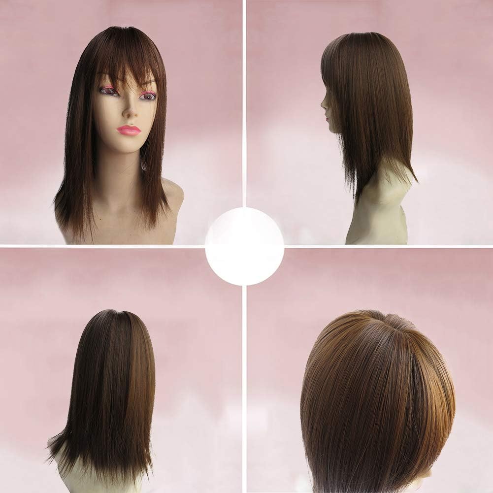 BESTLEE 14" Synthetic Hair Mono Hair Topper for Hair Loss Clip in Hair Top Piece with Air Bangs (Thin Style, Brown)
