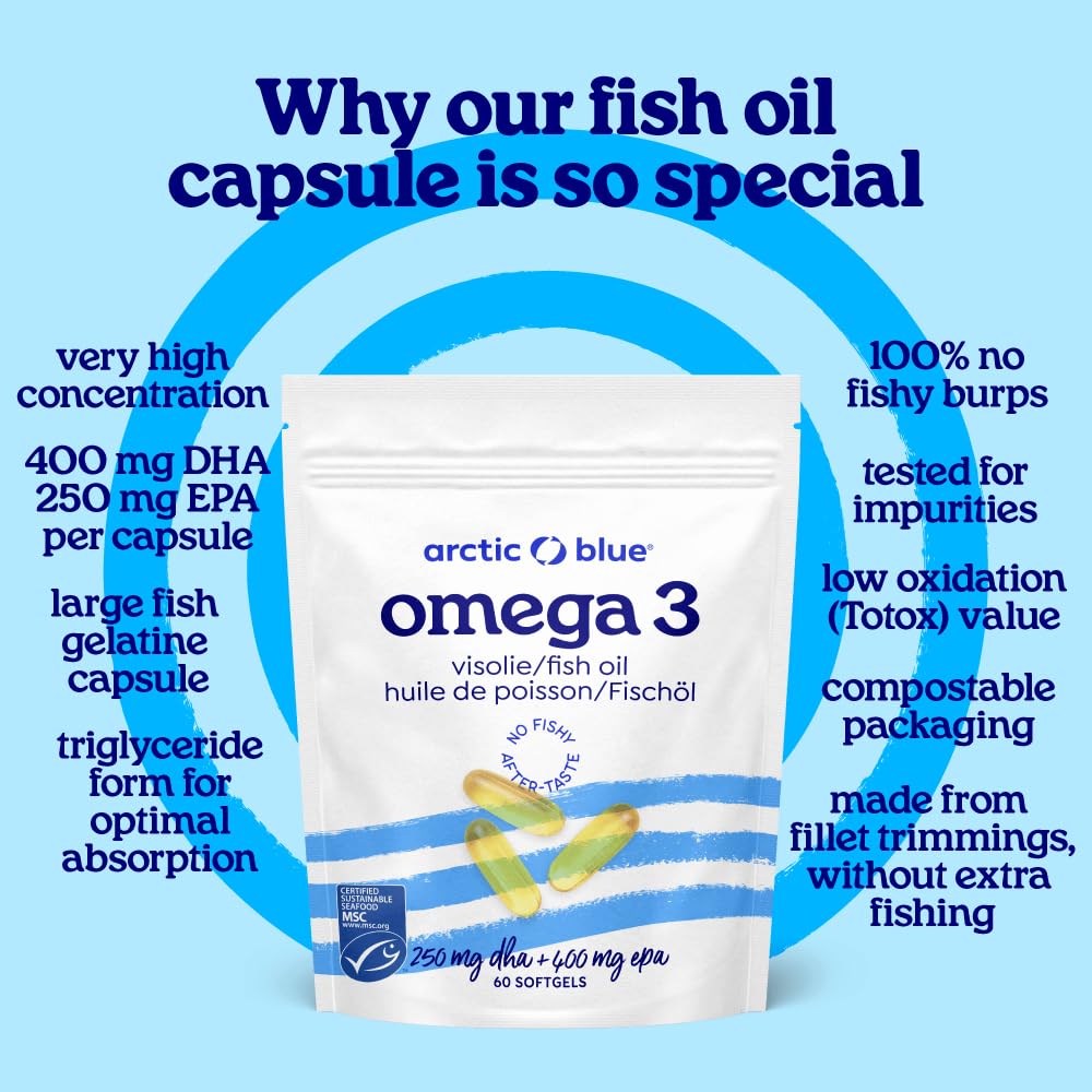 Arctic Blue Omega-3 Olio di Pesce 60 Capsule — 1200 mg Olio di Colin Alaska per capsula (400 mg di EPA + 250 mg di DHA) — Certificato MSC, Forma trigliceride, Massima freschezza, Senza Gusto di Pesce
