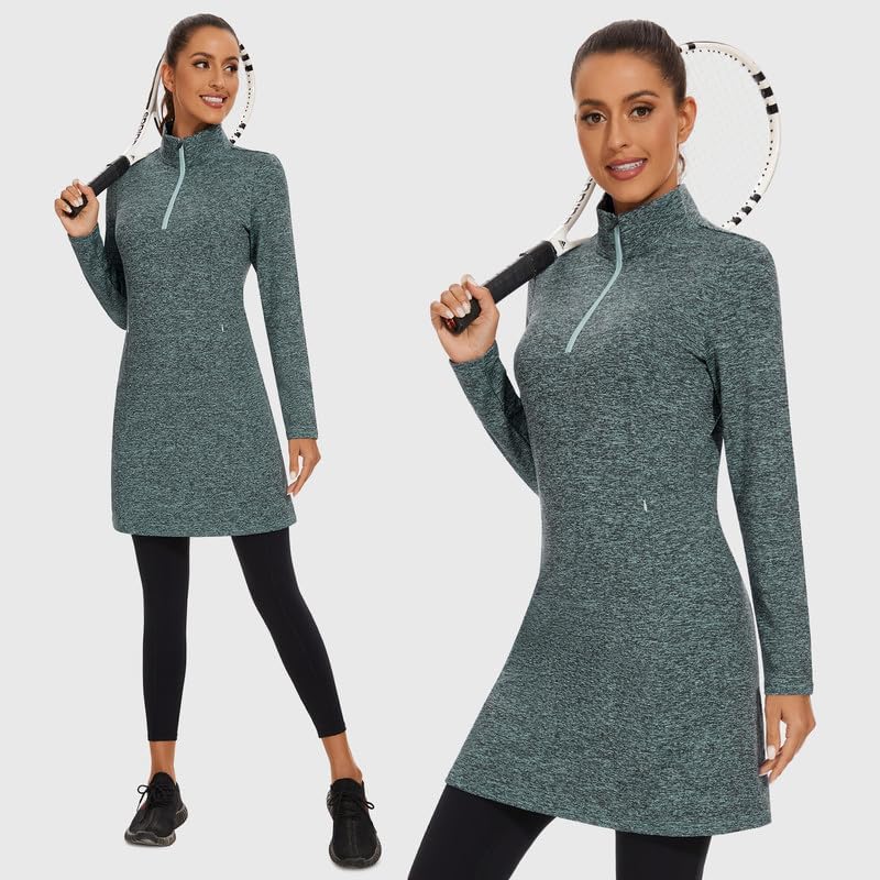 WOWENY Women's Fleece Dress Thermal Sweatshirt Tunic Dress Long Quarter Zip Pullover Polar Winter Dress with Pocket - Image 5