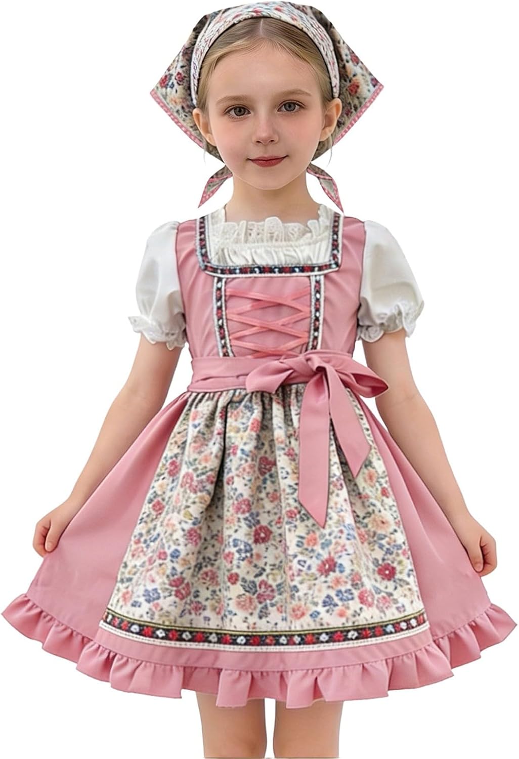 Girls German Oktoberfest Dress Bubble Short Sleeves Bow Belt Maid Dresses with Floral Apron Hair Accessories Teen