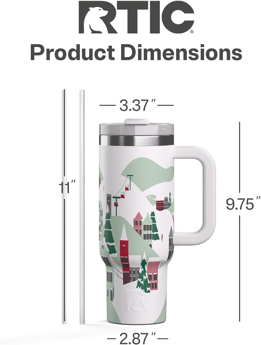 RTIC 30 oz Road Trip Tumbler Double-Walled Ceramic Lined InsulatedStainless Steel Portable Travel Coffee Mug Cup with Lid, Handle and Straw, Apres Ski