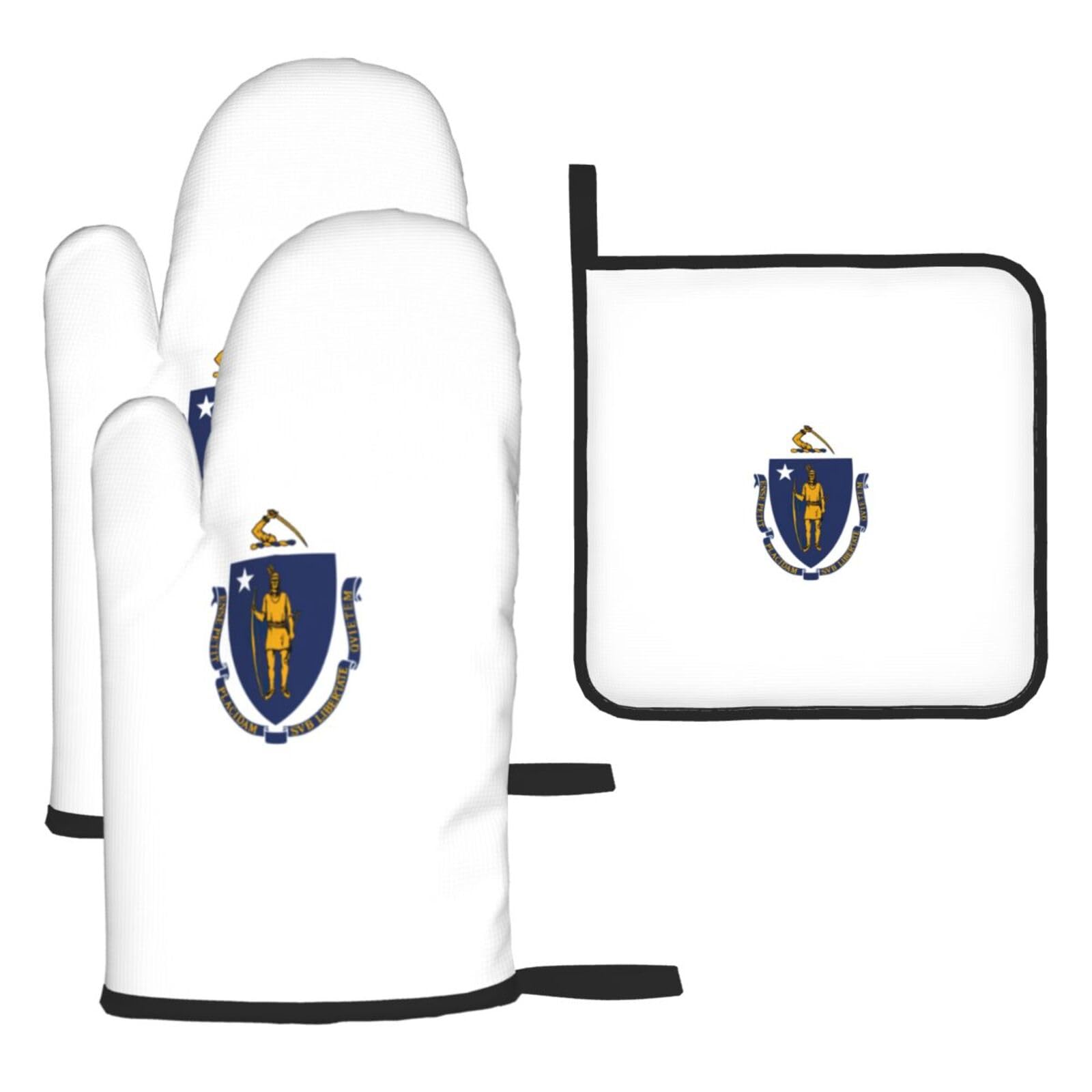 Massachusetts State Flag Print Oven Mitts Kitchen Gloves Set Everyday Baking Grilling Microwaving Cooking Gift