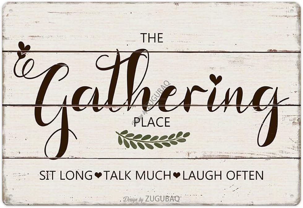 Funny Kitchen Signs Decor-Personalized Kitchen Metal Sign-Kitchen Counter Accessories-12x8 Inch Hanging Plaque Home Farmhouse Wall Decorations-The Gathering Place Sit Long Talk Much Laugh Often