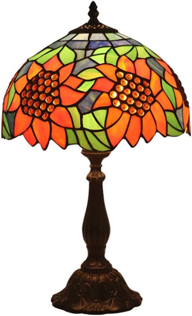 Pastoral Sunflower Green Leaves Shade Table Lamp 12 Inch Tiffany Style Orange Blue Stained Glass Desk Lamp, Living Room Bedroom Bedside Study Room Reading Lamp…