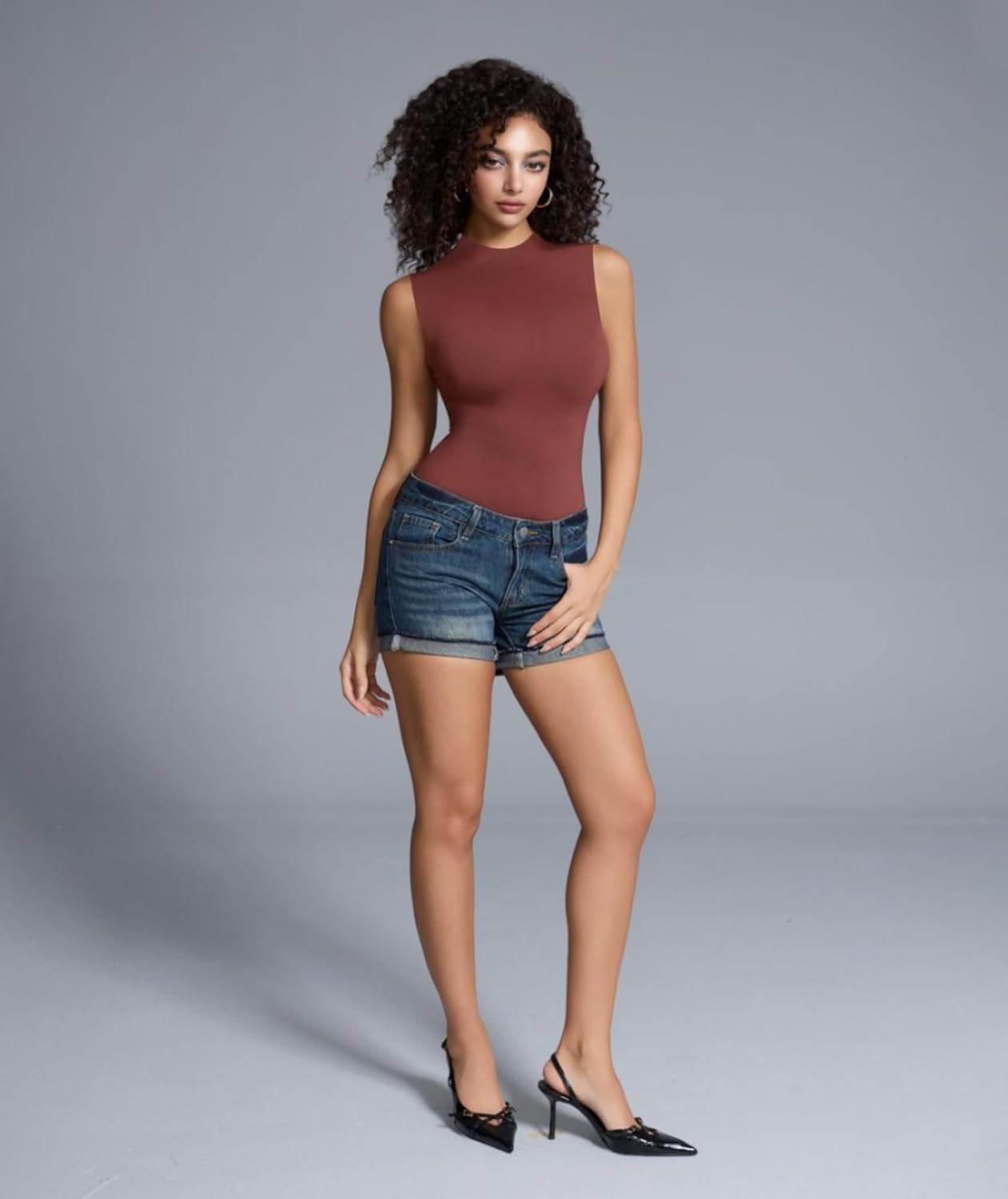 Women's Mock Neck Sleeveless Bodysuit Double-Lined Tank Top Slim Fit Stretchy Tank Top, Suitable for Going Out - Image 5