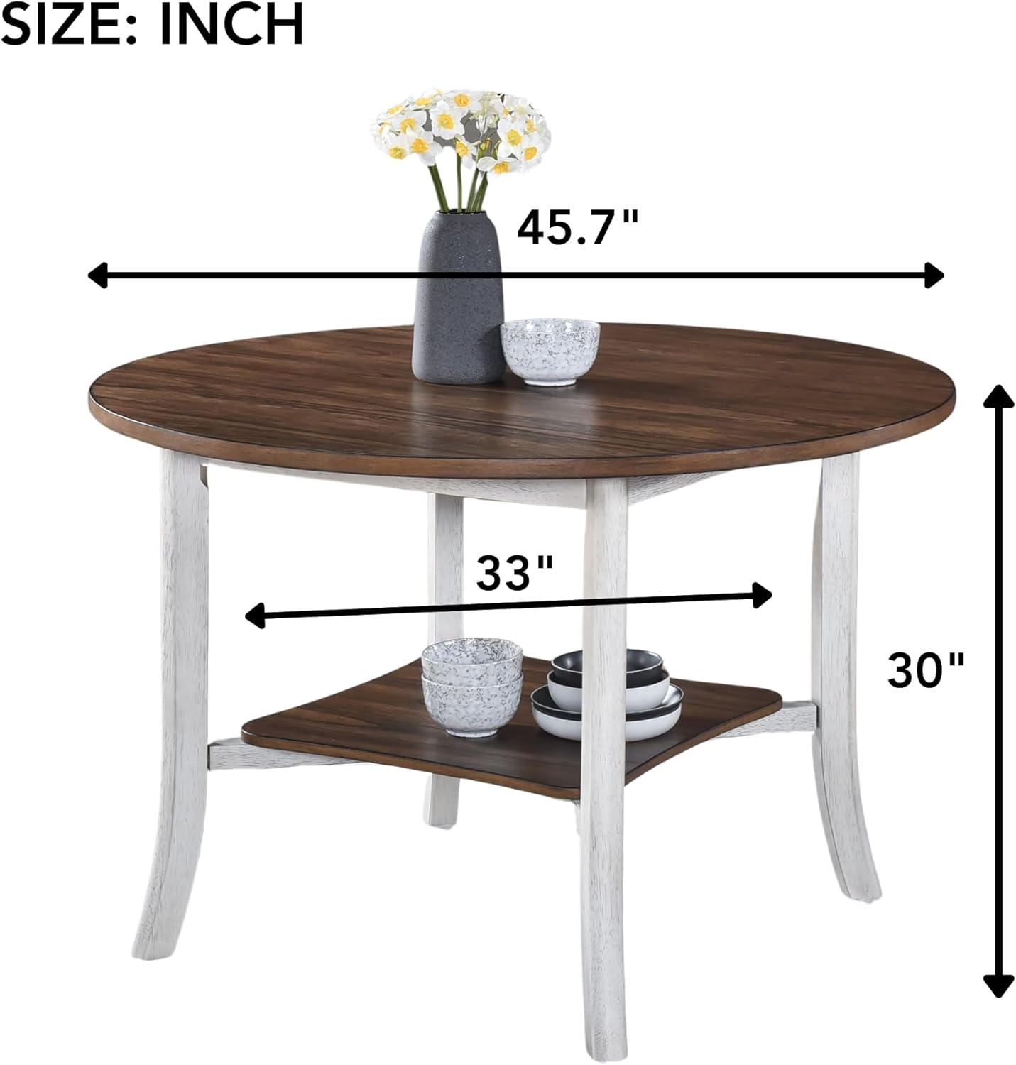 5-Piece Round Dining Set with Storage Shelf, Two-Tone Antique White & Walnut Finish, Farmhouse Kitchen Table and 4 High-Back X-Back Chairs, Space-Saving Dining Furniture for Small Spaces