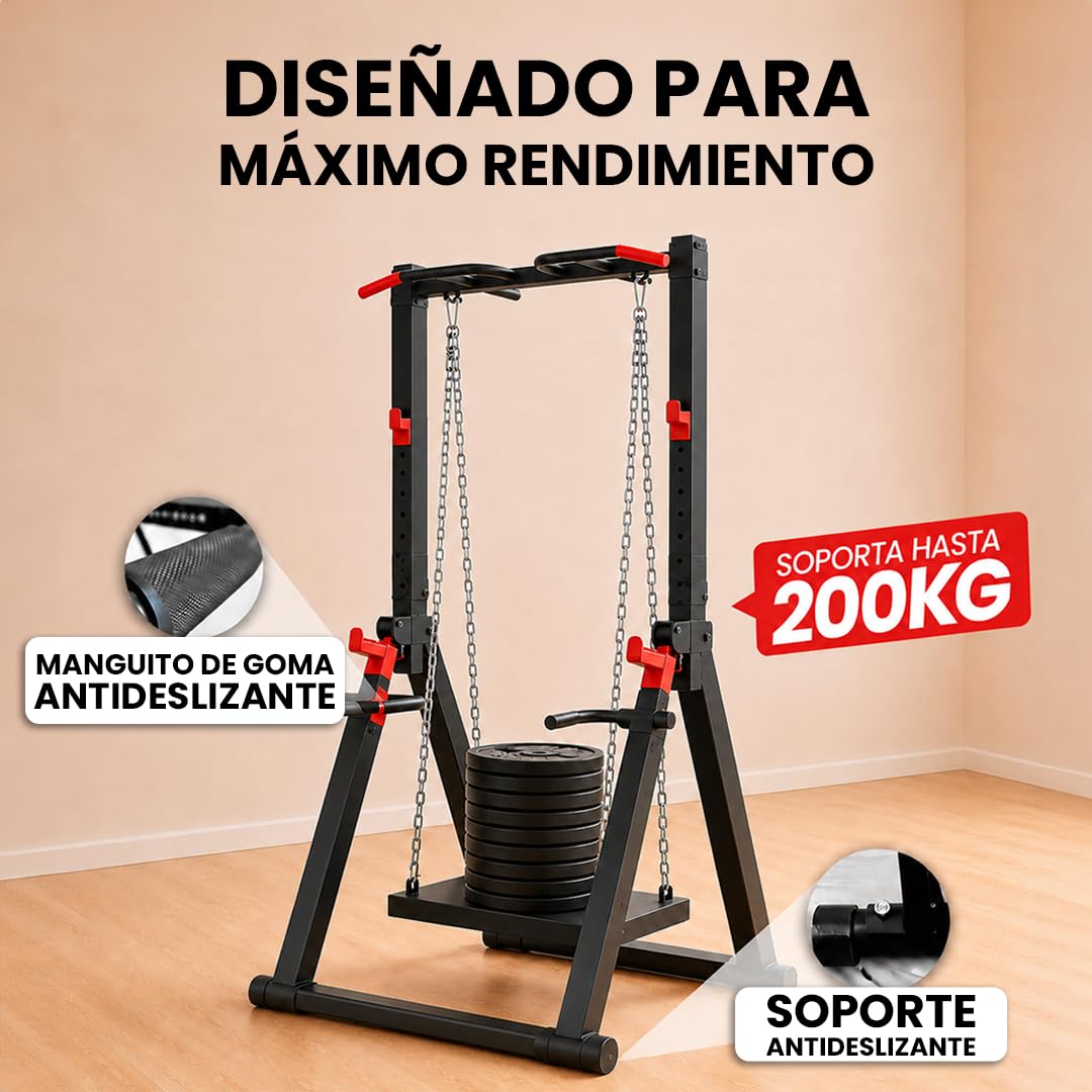Maniboom Estación de Dominadas Plegable (200kg) - Rack Dominadas y Soporte para Barras Ajustable (175-225cm) - Pull Up Station Multifunción con Agarres para Fondos y Cuerdas TRX