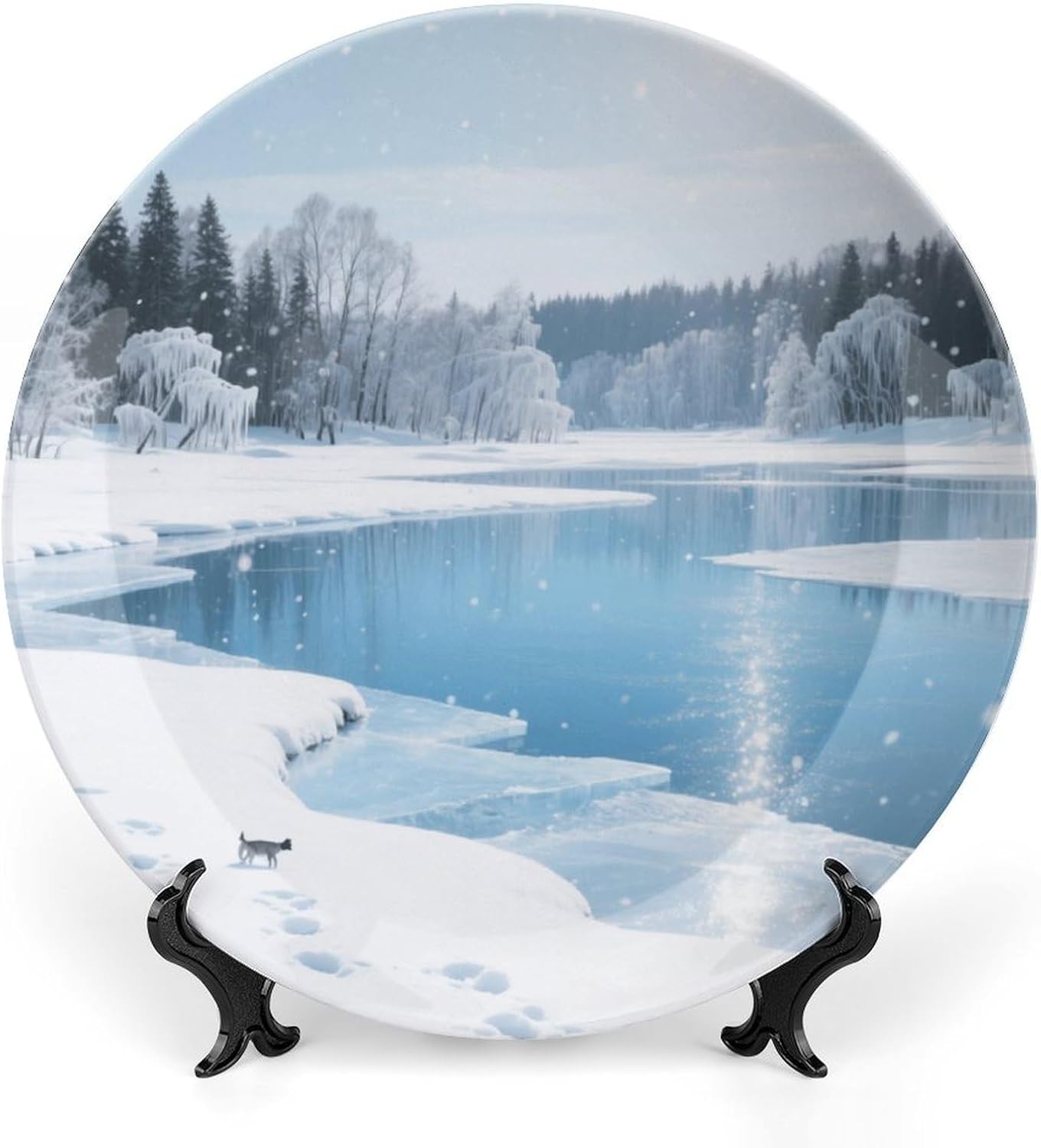 Bone China Decorative Plates Winter Ice Lakes Ceramic Decorative Plate Wall Decor with Display Stand Ceramic Ornaments for Wall Hanging Decoration