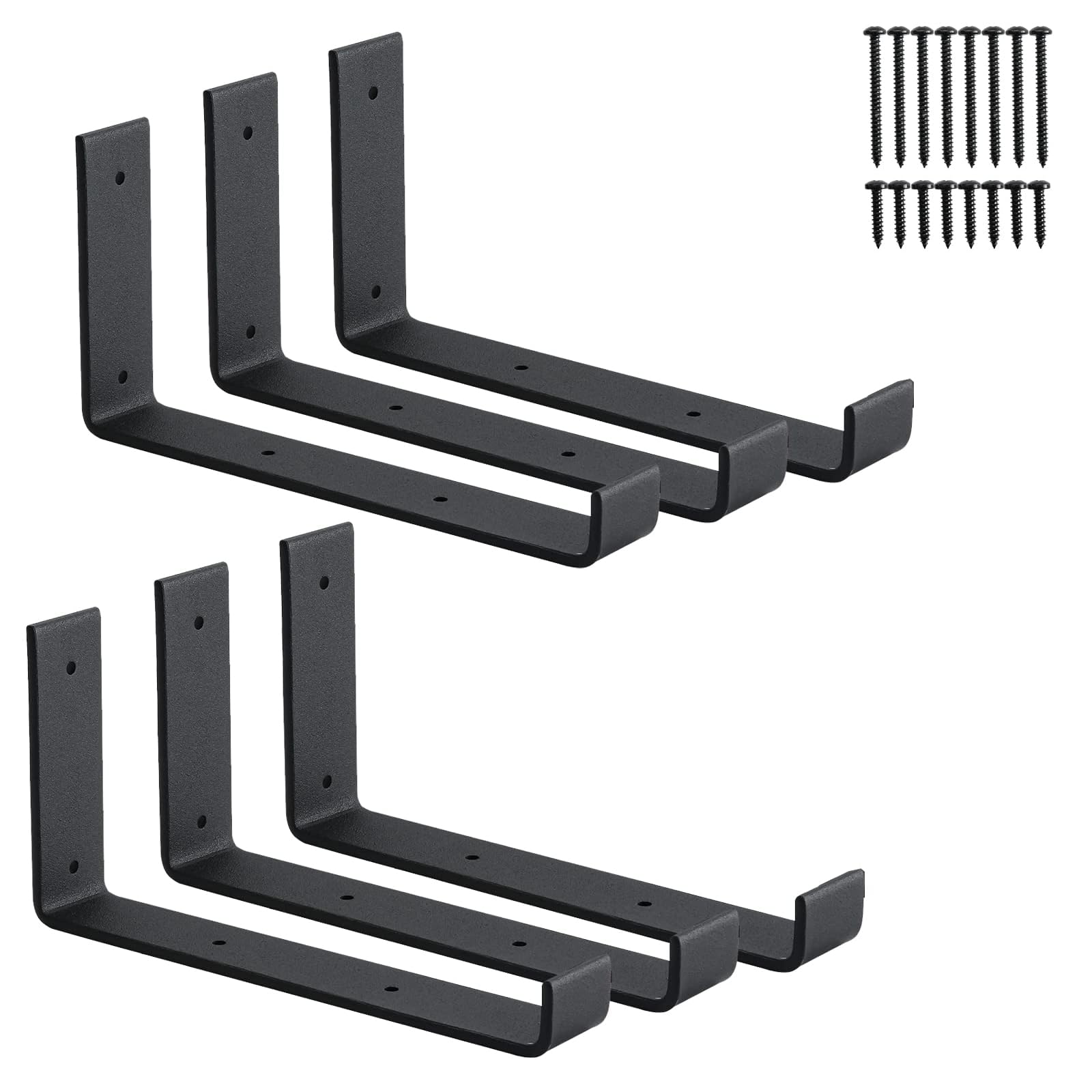 6-Pack Heavy Duty J-Shaped Shelf Brackets with Lip, 9-Inch Industrial Wall-Mounted Floating Supports for 8.8" Wide Lumber Board, Matte Black Finish, HOME MASTER HARDWARE