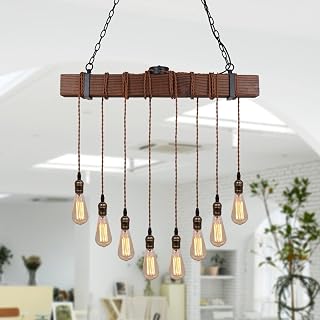 Rustic Farmhouse Pendant Light Kitchen Island - 8 E26 Bulb Black Metal Wood Beam Hanging Fixture, Adjustable Dining Room Chandelier