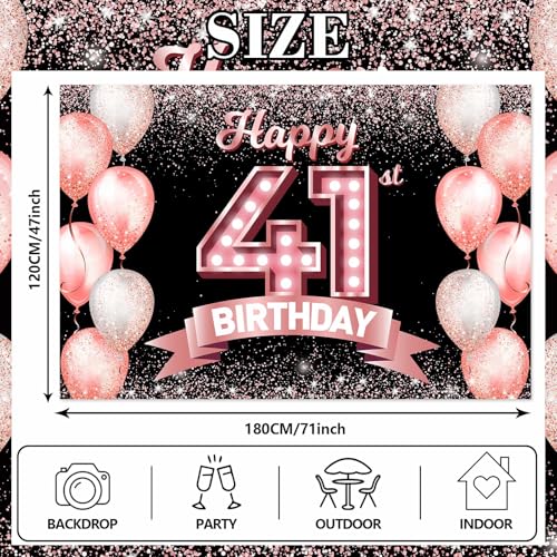Happy 41st Birthday Rose Gold Banner Backdrop Cheers to 41 Years Old Confetti Balloons Theme Decor Decorations for Women 41 Years Old Pink Birthday Party Bday Supplies Background Favors Gift Glitter by DZTRELFK - Used condition - Image 2