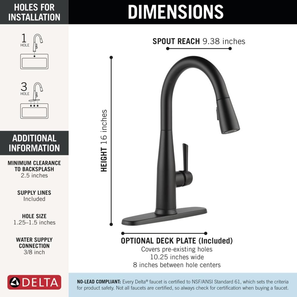 Delta Faucet Essa Matowa czarna bateria kuchenna dotykowa, dotykowe baterie kuchenne z wyciąganym opryskiwaczem, bateria zlewozmywakowa, bateria kuchenna czarna, technologia Touch2O, matowa czerń