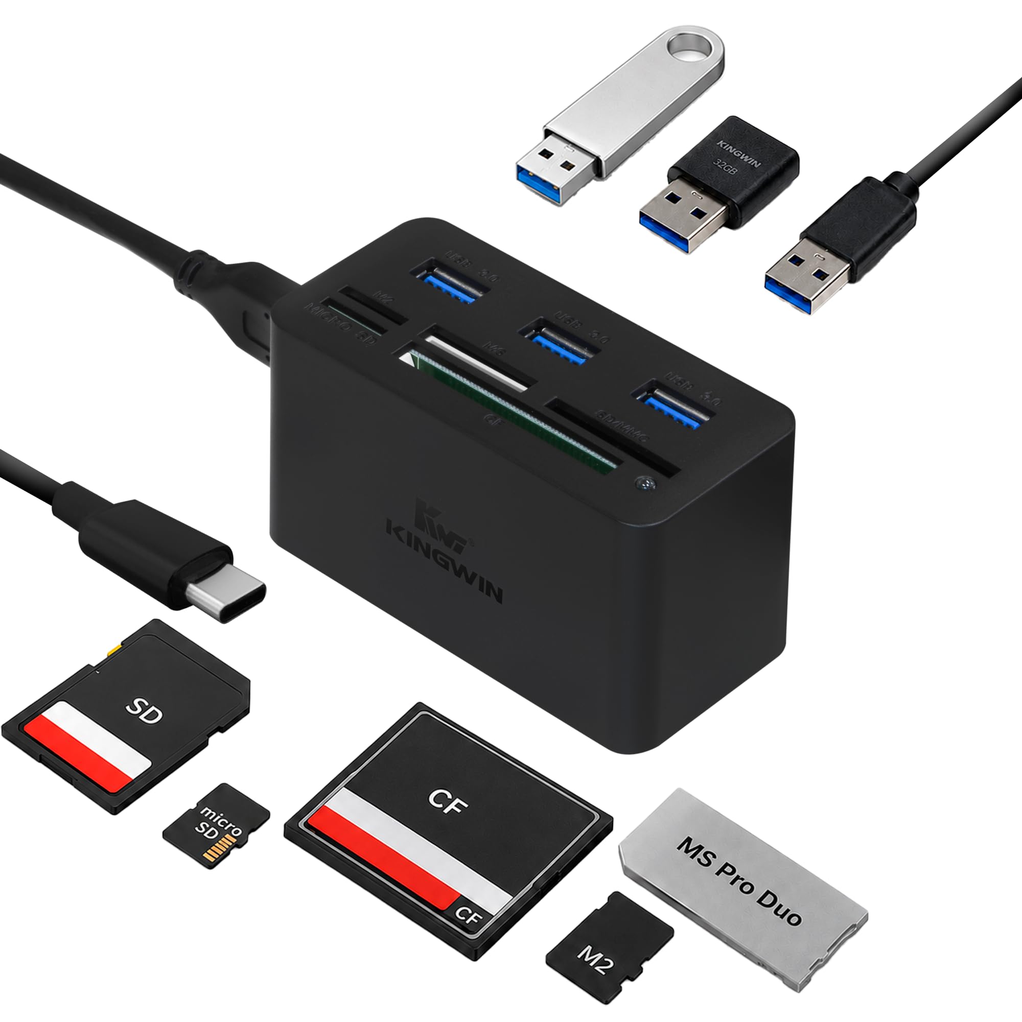Kingwin USB C Hub Adapter w/ Card Reader Write &amp; USB 3.0 HUB - Thunderbolt 3 Supports High Speed SD MS Micro M2 CF For Macbook, Laptop, Desktop type-c