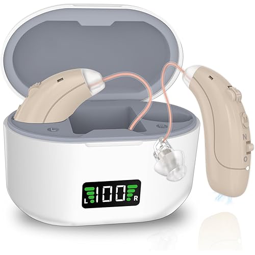 Hearing Aids for Seniors with Hearing Loss, Rechargeable Hearing Aids with Noise Cancellation, Invisible & Comfortable RIC Design, LED Charging Case, One-Button Easy Operation