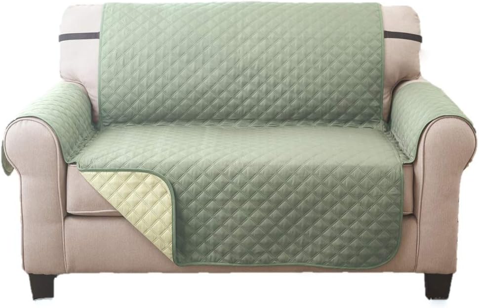 Deluxe Reversible Loveseat Slipcover Furniture Protector, Seat Sofa, Chair, Couch Quilted, Anti-Slip 2 Inch Strap, Machine Washable, Slip Cover Throw for Pets, Dogs, Cats, Kids - Olive/Sage