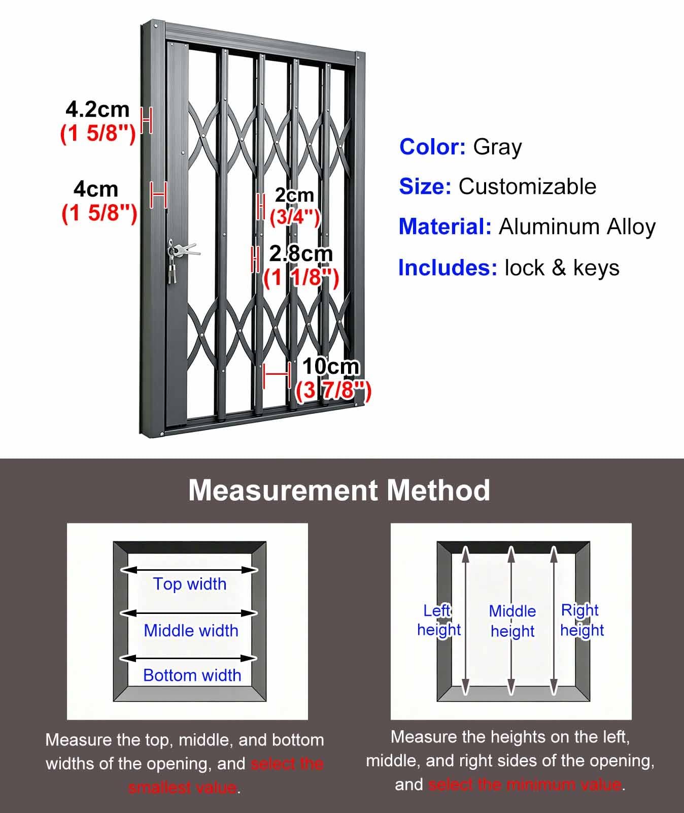 Rejas para Ventanas Exteriores Barra de Seguridad Abatible para Ventanas, Reja de Seguridad Metálica para Ventanas con Cerradura y Llave, Reja Retráctil y Deslizante | 55x85cm/22x33in