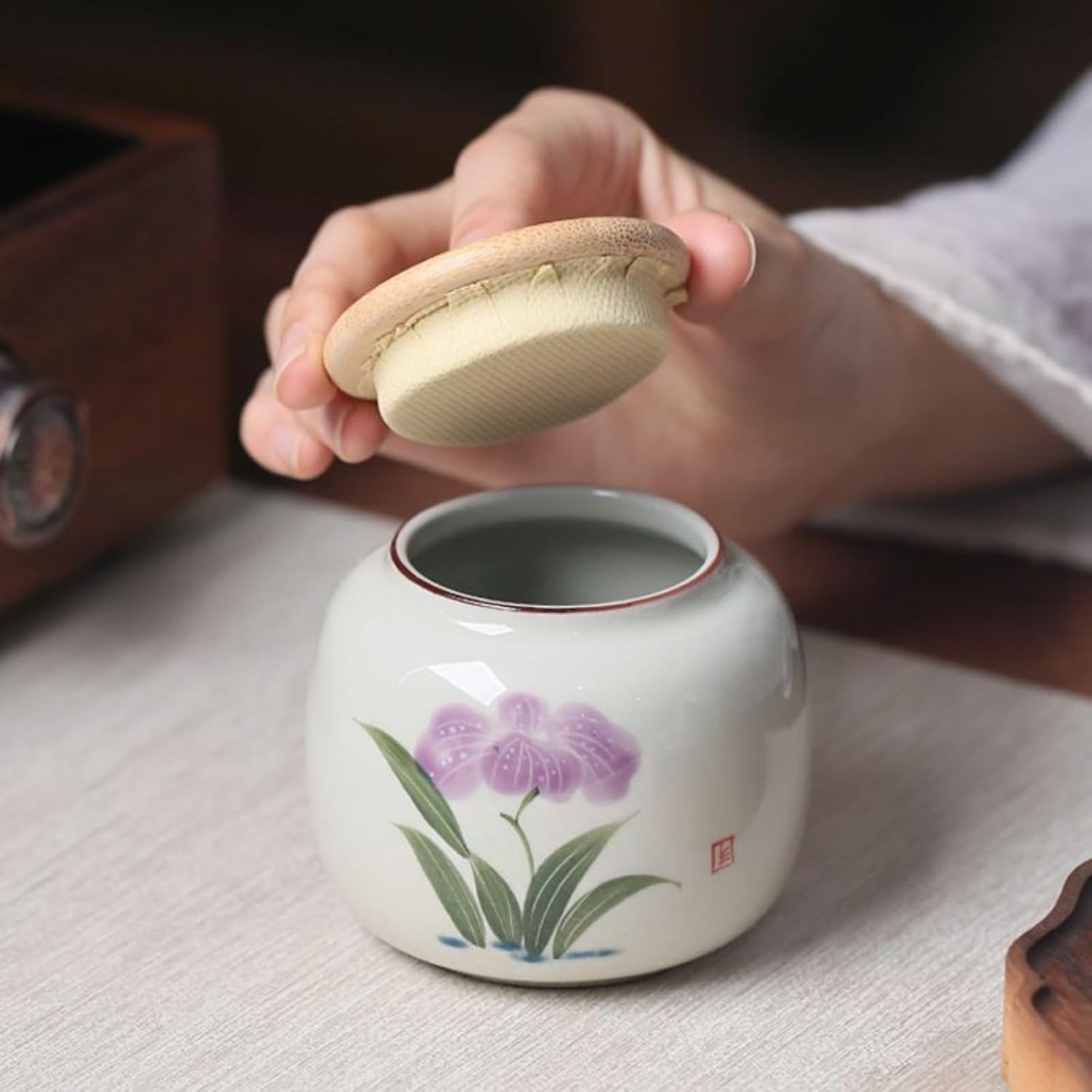 Hand-drawn Ceramics Tea Canister, 50ml 1.7oz, Underglaze Color Household Seal Tea Storage Jar