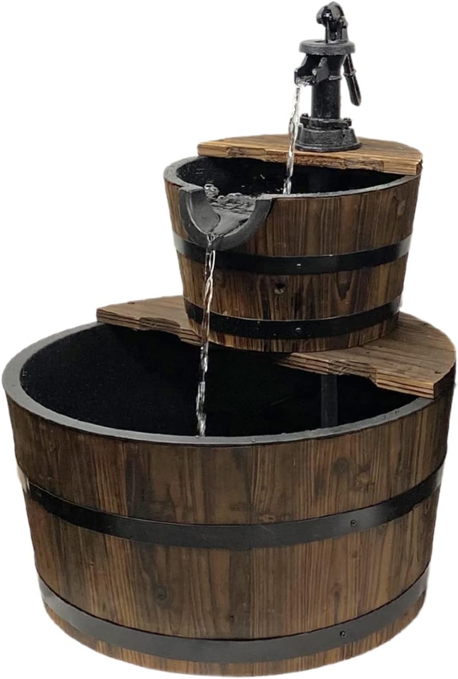 Westcharm 3 Gallons Cascading Water Fountain for Outdoor Outside Patio Yard | Decorative 2-Tier Wood Wine Barrel Fountain with Adjustable Pump | 23 Tall Garden Waterfall Fountain