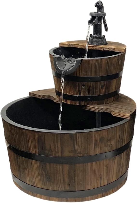 Wood Barrel with Pump Outdoor Water Fountain - Medium Garden Water Fountain