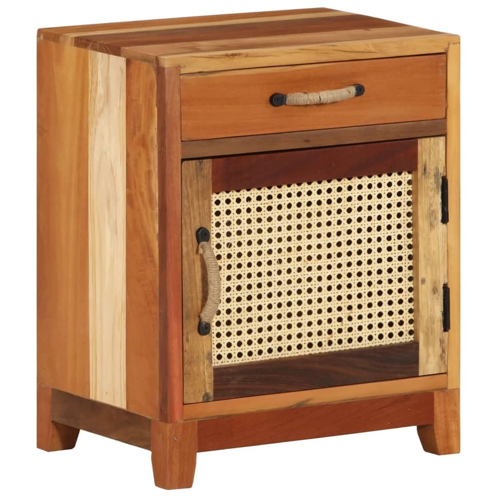 Mesita de Noche de Madera Maciza Reciclada Estilo Vintage con Puerta de Caña Natural, Hecha a Mano con Vetas Únicas, Fácil de Montar para Dormitorio o Salón