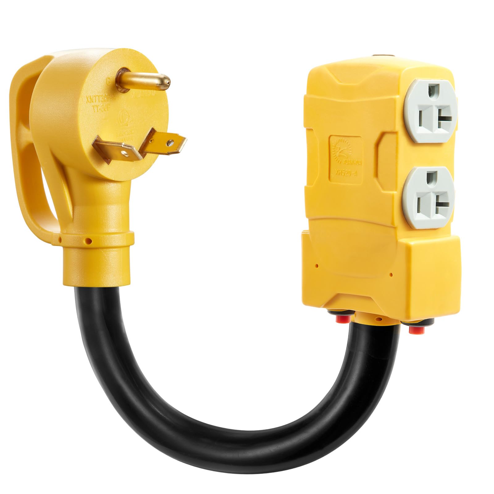 30 Amp to 20 Amp 110V RV Distribution Adapter,TT-30P to 4 X 5-20R/15R RV 4-Prong to Mutiple Household Outlet w/ 20Amp Circuit Breaker RV Generator Distribution Cord - 1