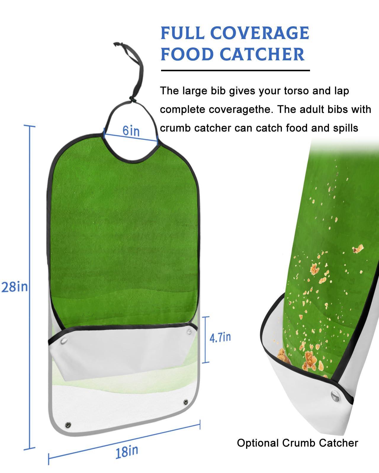 Green Ombre Adult Bibs for Eating, Waterproof Bibs with Food Catcher & Adjustable Snap Closure, Watercolor White Modern Abstract Art Aesthetics Clothing Protectors Adult Bibs for Elderly Women/Men