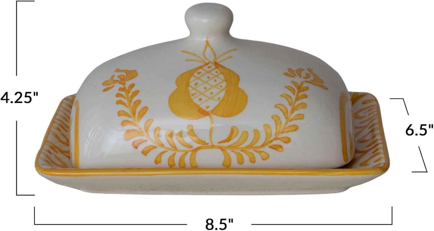 Creative Co-Op Stoneware Butter Dish with Botanical Design, Yellow and White