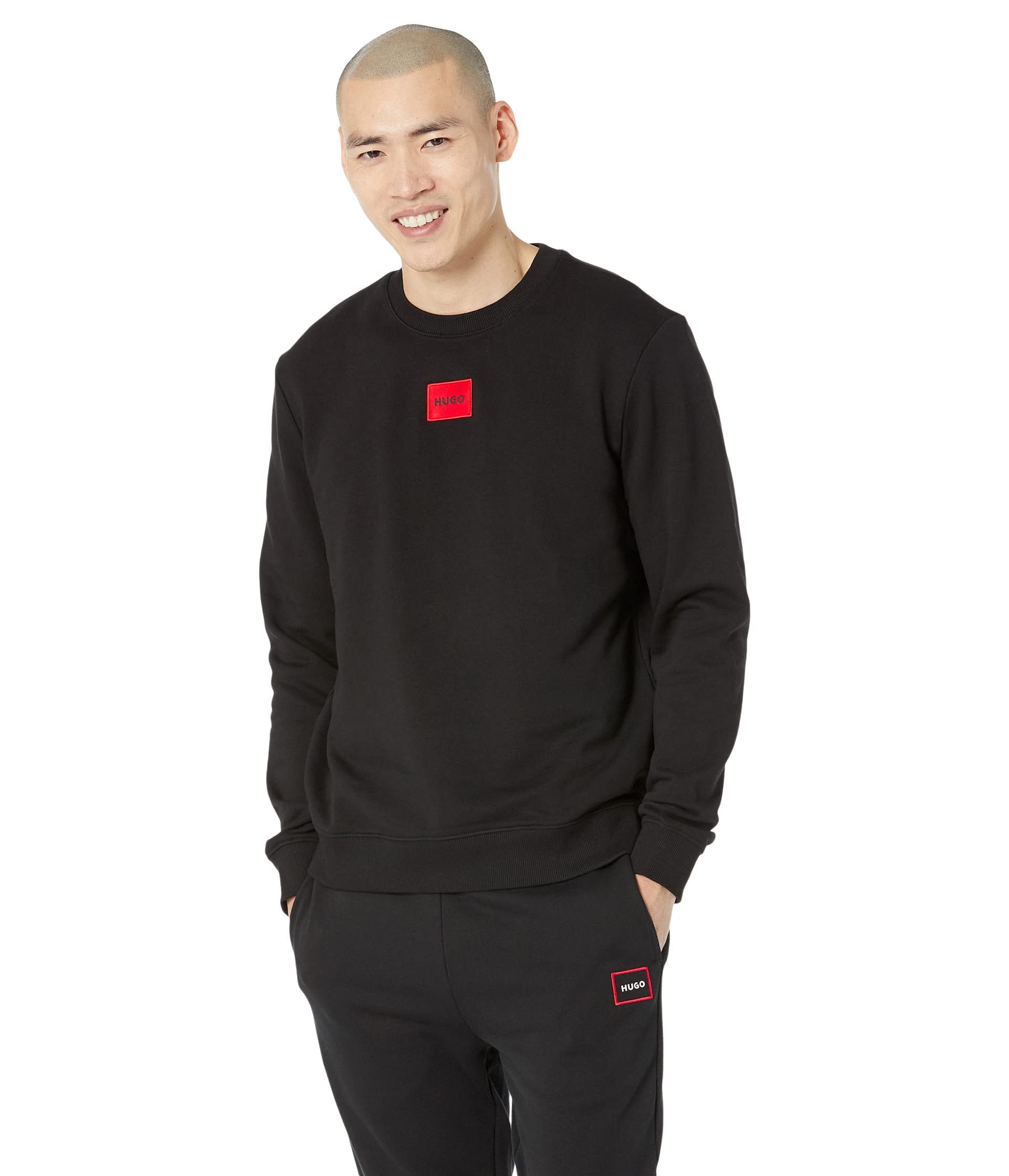 Hugo Herren Regular Fit Square Logo Jersey Sweatshirt Pullover, Rabenschwarz, Medium
