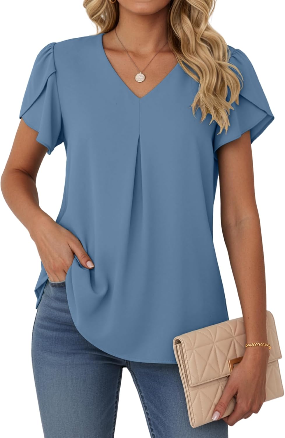 Lepunuo Womens Spring Tops Summer Dressy Casual V Neck Short Sleeve Blouses Flowy Shirts Business Work Tunic Tops