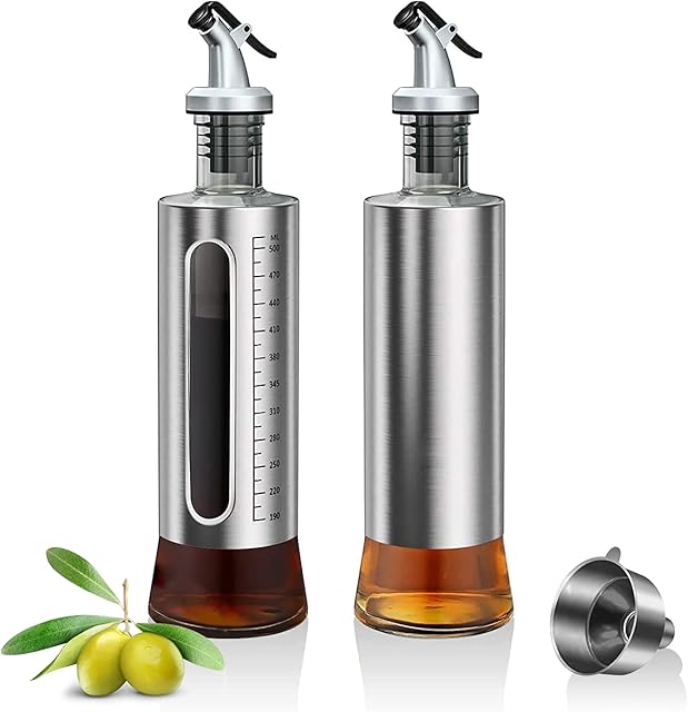 ACEWARMS Oil dispenser bottle for kitchen, Olive oil bottles with drizzlers, Vinegar bottles, 500ml 2Pack glass soy sauce bottles with lids+Stainless steel funnel