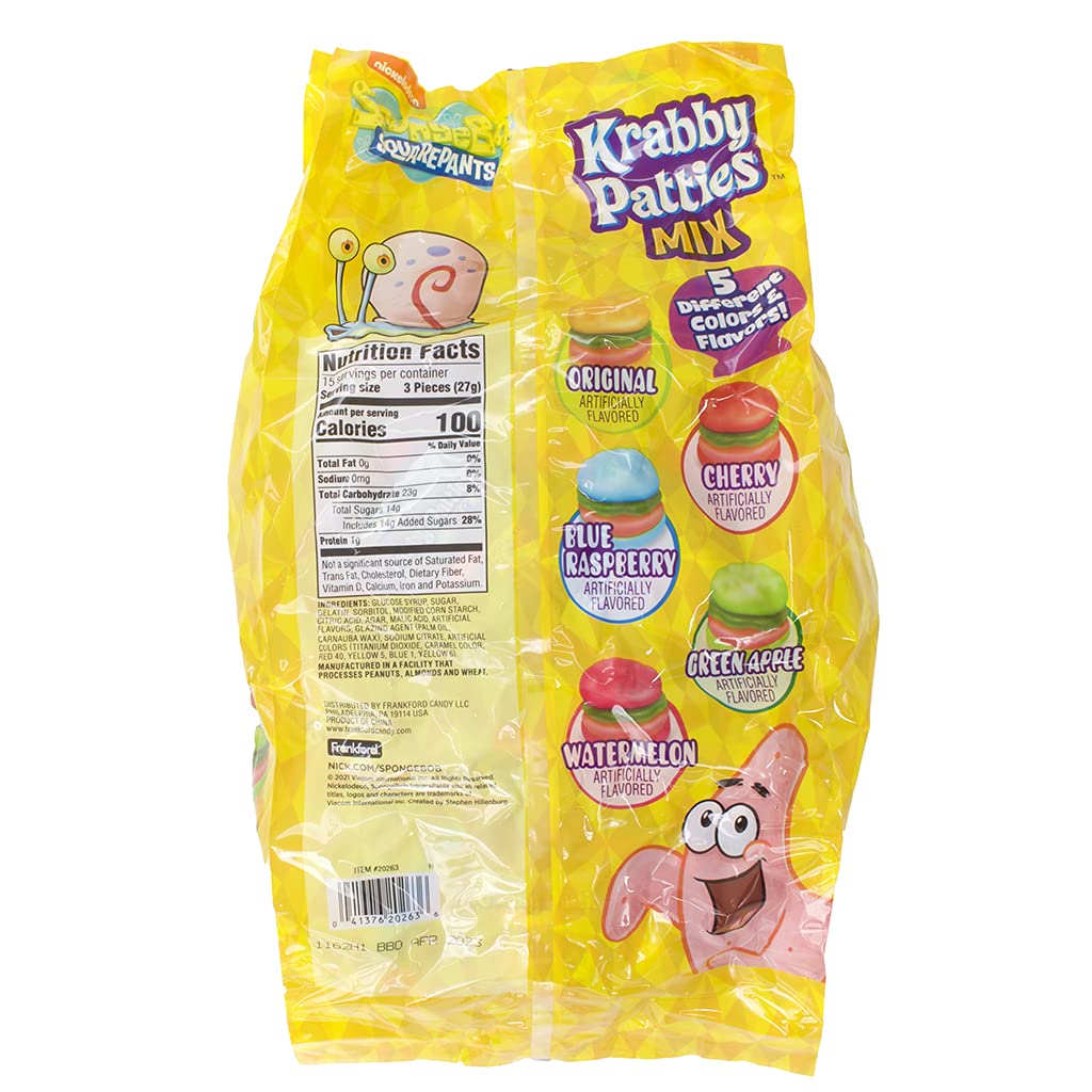 Nickelodeon SpongeBob Squarepants Krabby Patty Gummy Candy, Individually Wrapped Patties, 45 Count Mixed Bag (Original, Watermelon, Cherry, Green Apple, and Blue Raspberry), (Pack of 1) : Everything Else