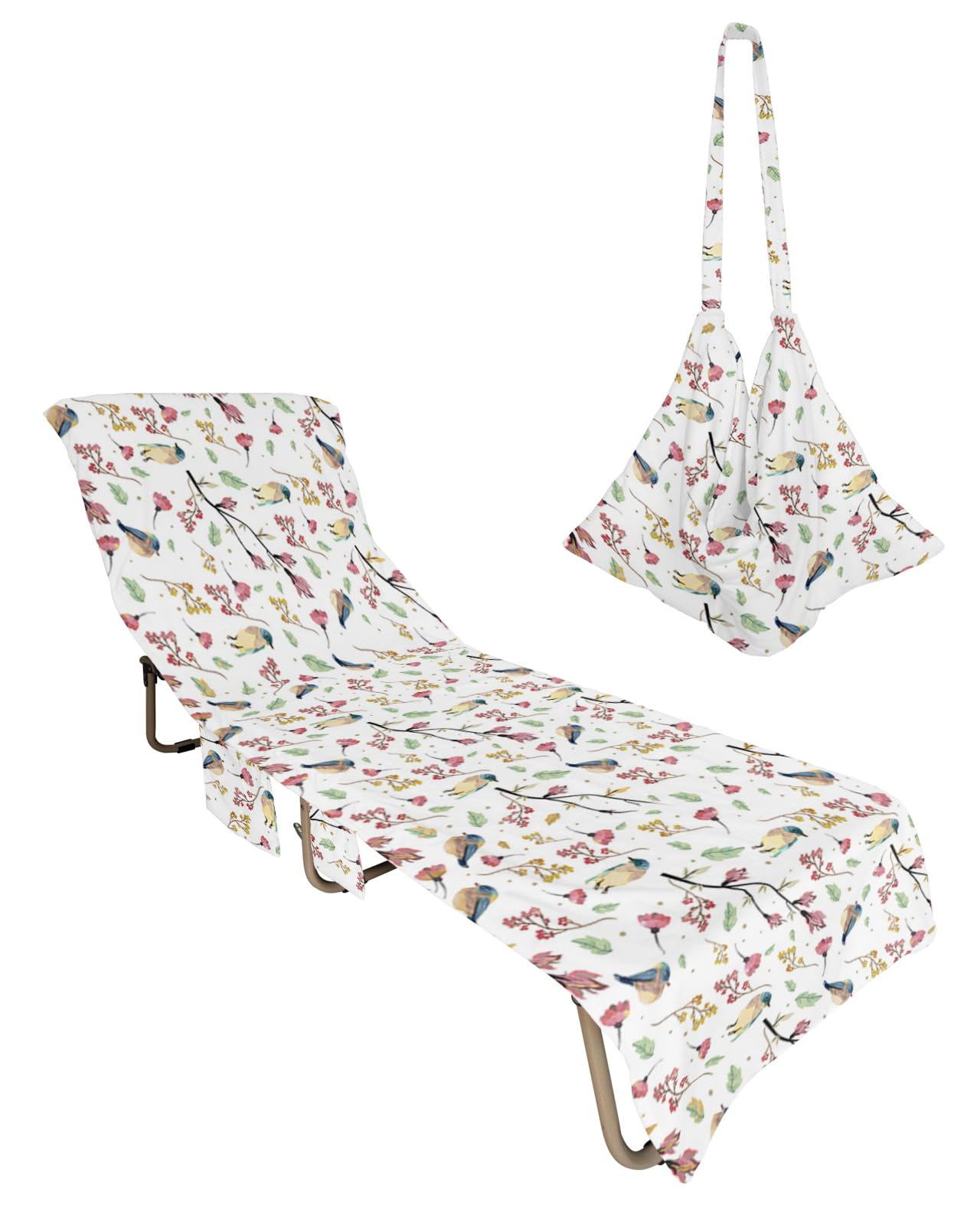 Spring Floral Beach Lounge Chair Towel Cover, Soft Chaise Lounge Towel with Side Pockets Patio Pool Chairs Cover for Beach/Pool Sunbathing 29x85 Watercolor Pastoral Botanical Birds