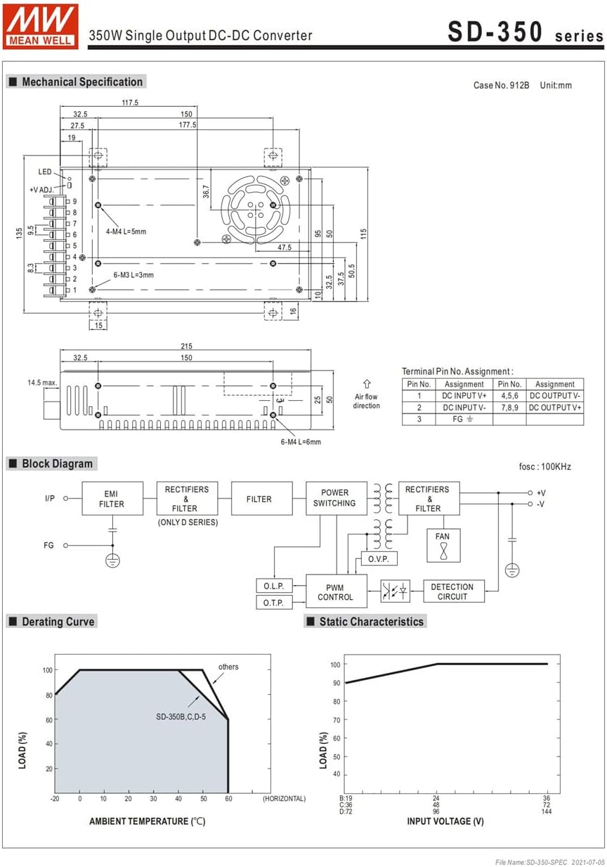 MW Mean Well Enclosed Type SD-350B/C/D-12/24/48/5V Industrial DC-DC Converter (SD-350B-5)