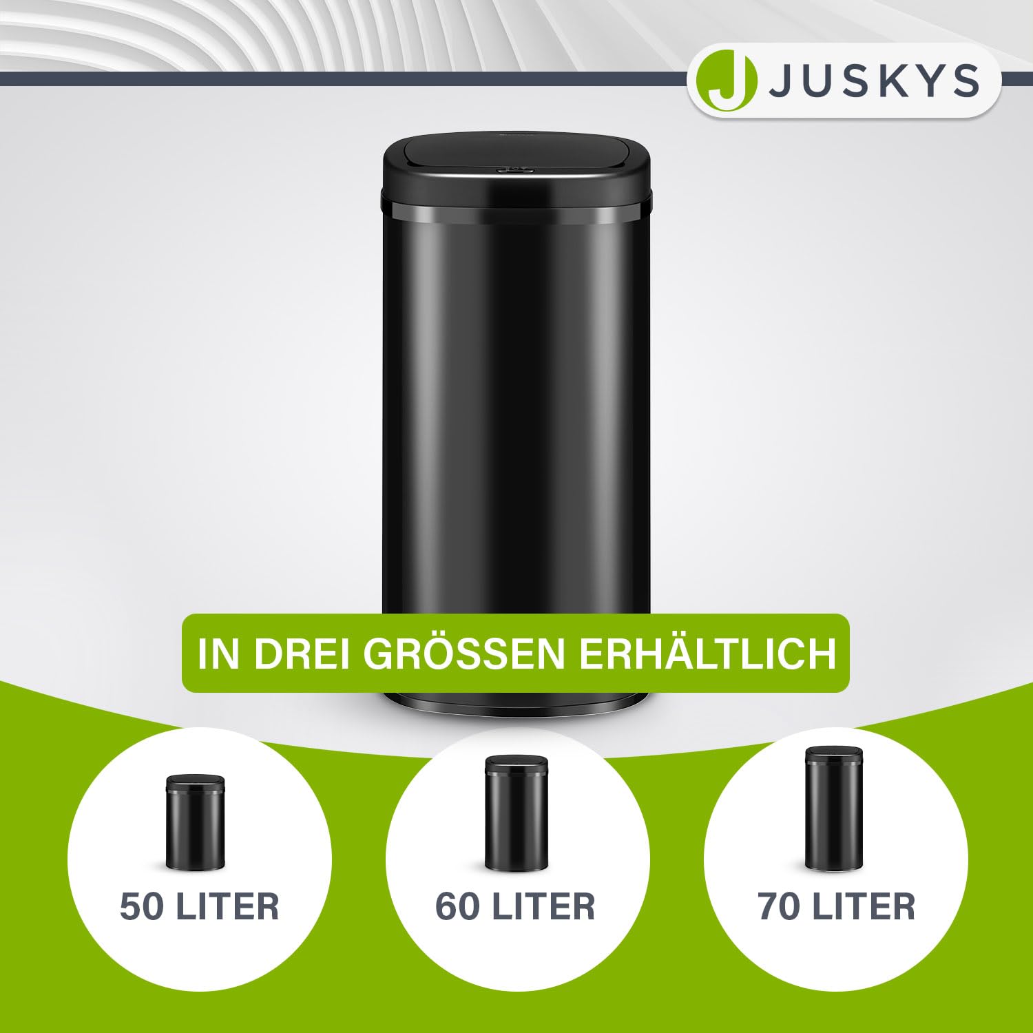 Juskys Mülleimer Küche mit Bewegungssensor Schwarz 70L - Eckiger Abfalleimer mit Klemmring für Müllbeutel - Rostfreier Stahl - Kontaktloses Entsorgen