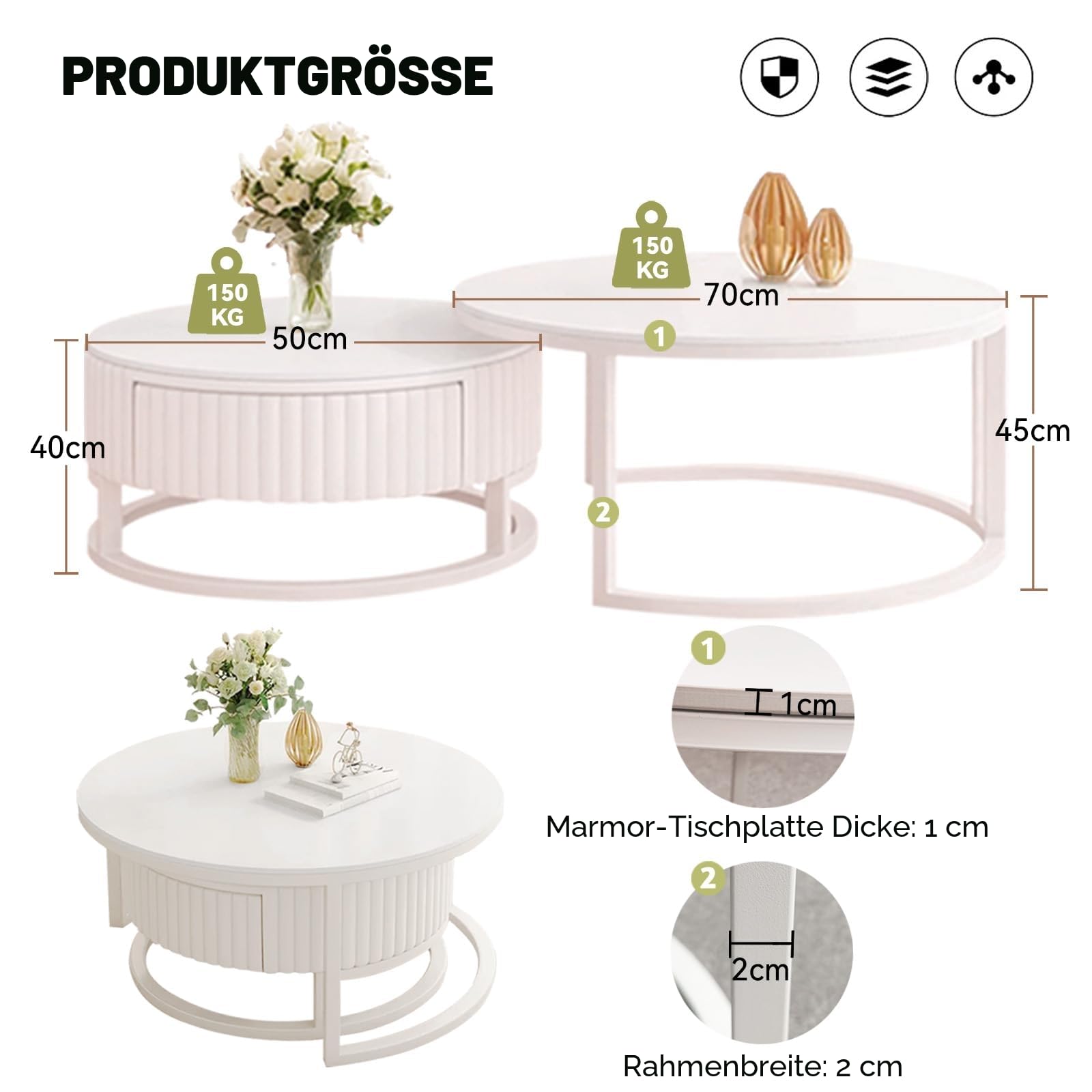 Runder Couchtisch Weiß 2er Set Marmor Couchtisch Mit Stauraum Schublade Modern Wohnzimmertisch Rund Couchtische Weiss Mit Metallrahmen Tisch Wohnzimmer Couch Tisch Einfacher Aufbau