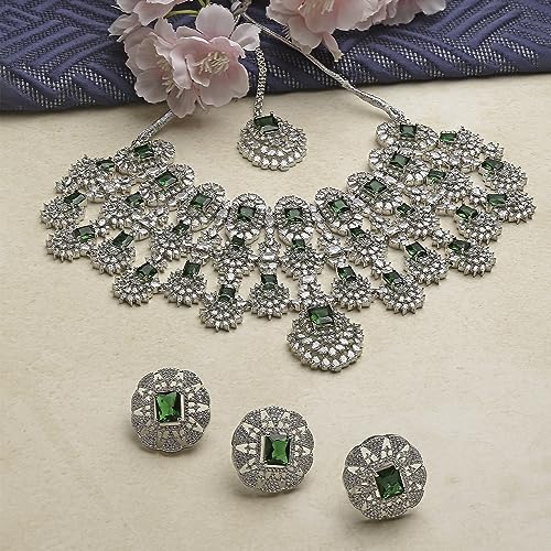 Image of ZENEME Rhodium-Plated American Diamond Studded Tasselled Necklace With Earrings Ring & MaangTikka Jewellery Set For Girls and Women