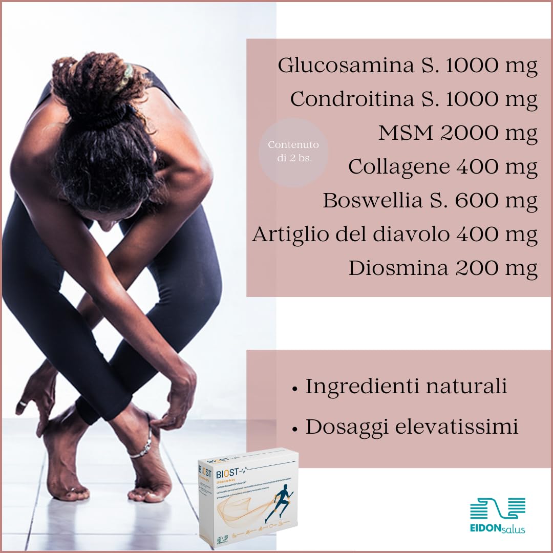 BIOST Integratore di Glucosamina a Rapido Assorbimento - Articolazioni Fluide e Libere - Cura Infiammazioni e Traumi - Rigenerazione Cartilaginea - Anti-Edema - 20 Bustine da 5 Grammi