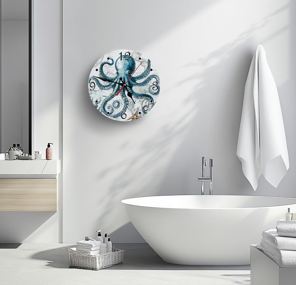 Unique Octopus Nautical World Map Silent Non Ticking Wall Clock 12 Inch, Battery Operated, Round Wood Wall Clocks, for Living Room Kitchen Bedroom Bathroom Office Decorative Coastal Gift