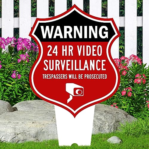 Image of Warning, 24 Hr Video Surveillance Sign, 11x21, Heavy Duty Integrated Ground Stakes, Indoor /Outdoor Use, Rust Free Aluminum Composite, Made in USA by My Sign center