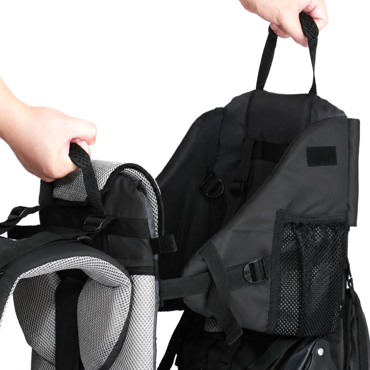 Lil' Boss Kinder Rückentrage Wandern, FASports Kindertrage 20kg bis 25kg, ergonomische Kindertrage Rucksack mit Regen- und Sonnendach, Kinderkraxe Kleinkind Schwarz-Grau, 50 x 38 x 90 cm