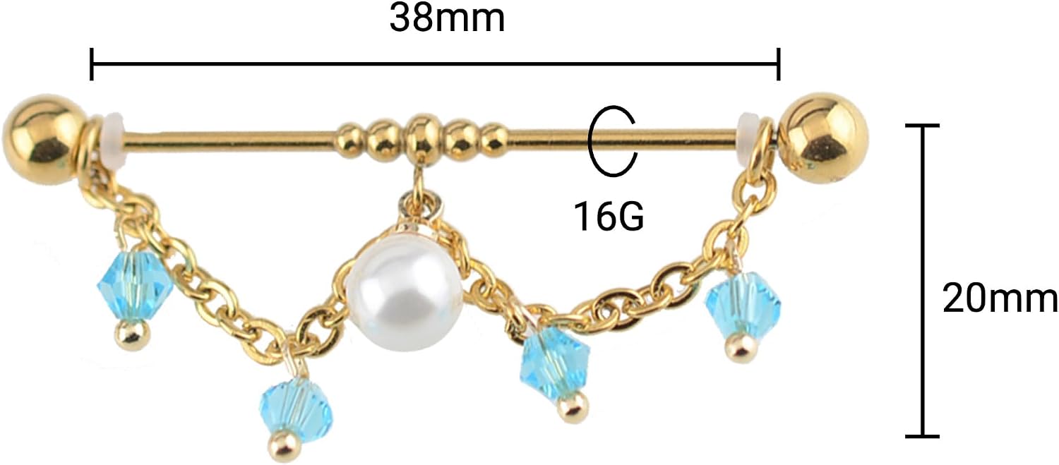 16G Gold Dangle Chain Industrial Piercing Jewelry Surgical Steel With Beads, Dangling Industrial Bar Piercing, Industrial Barbell Jewelry for Women