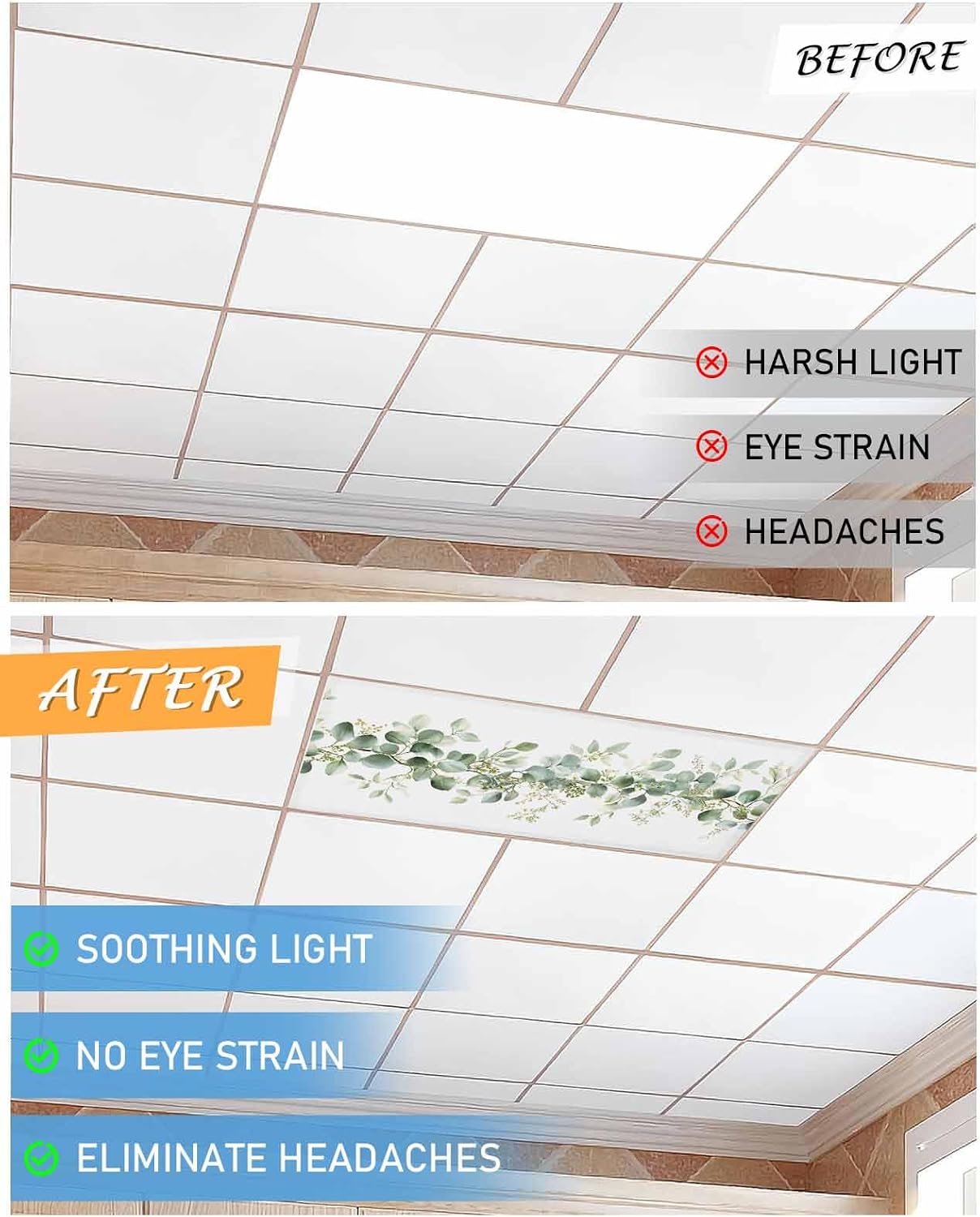 JasmineM Spring Eucalyptus Leaves 2 Pack 4 x 2 Feet Fluorescent Light Covers for Ceiling Lights Classroom, Magnetic Light Covers Filter for Office School Drop Home Decor, Nature Flower