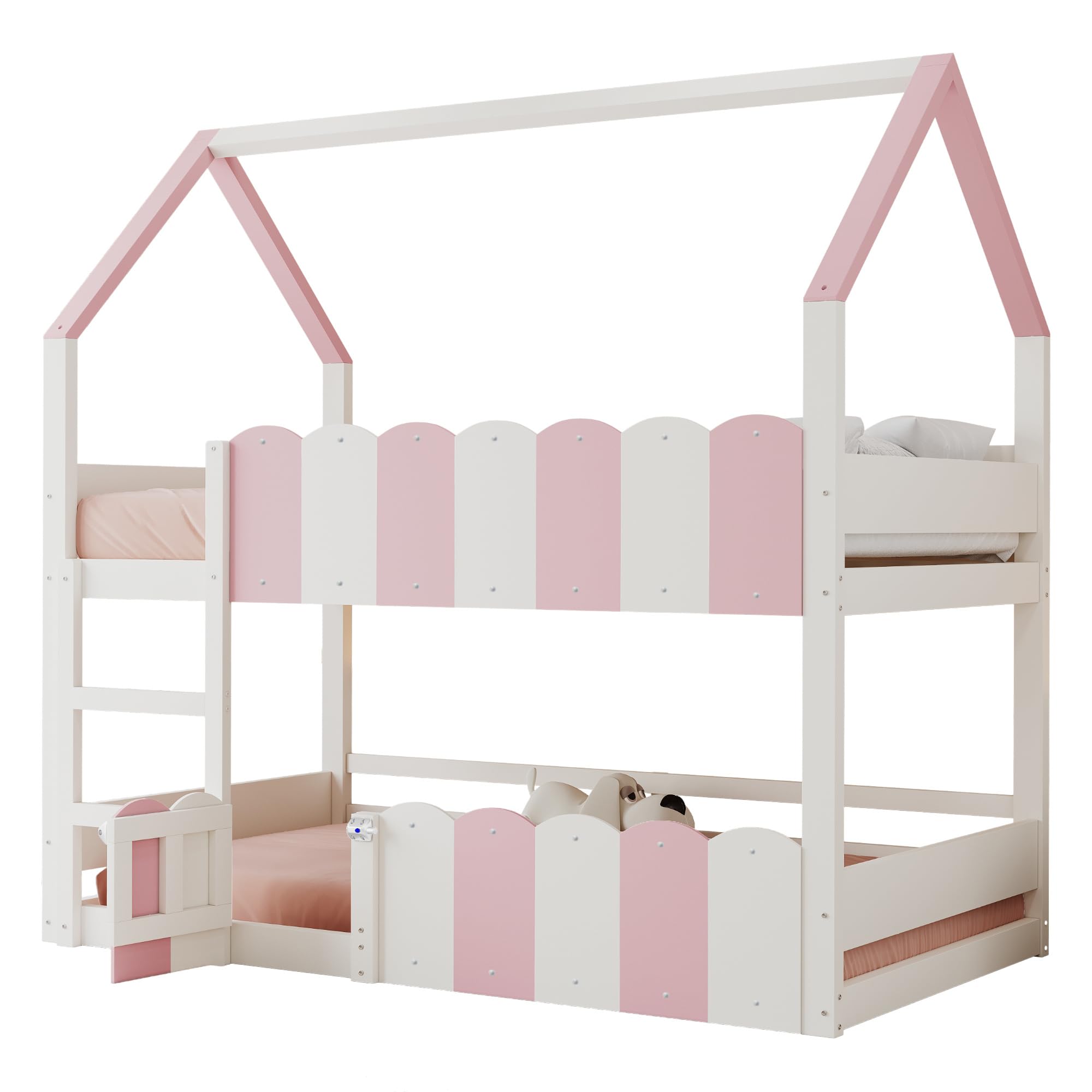 Kinder-Etagenbett 90 * 200 cm, Hausförmiges Design mit erhöhten Sicherheitsgeländern. Das Obere Bett verfügt über Einen Lattenrost. Geeignet für Jungen und Mädchen Rosa