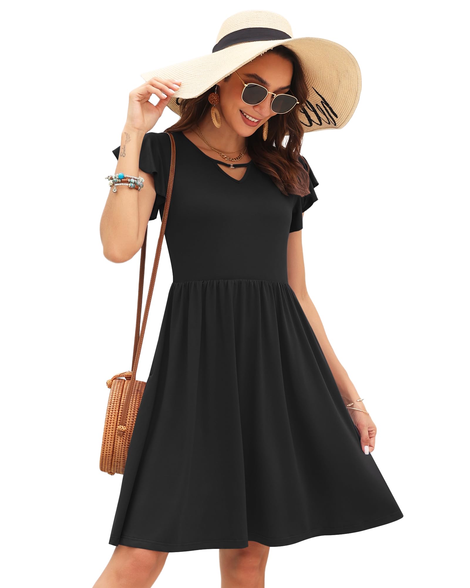 PLOKNRD Femme Robes D'été Col en V Décontractée à Manches Volantées Robe pour Femme Chic et élégante avec Poches