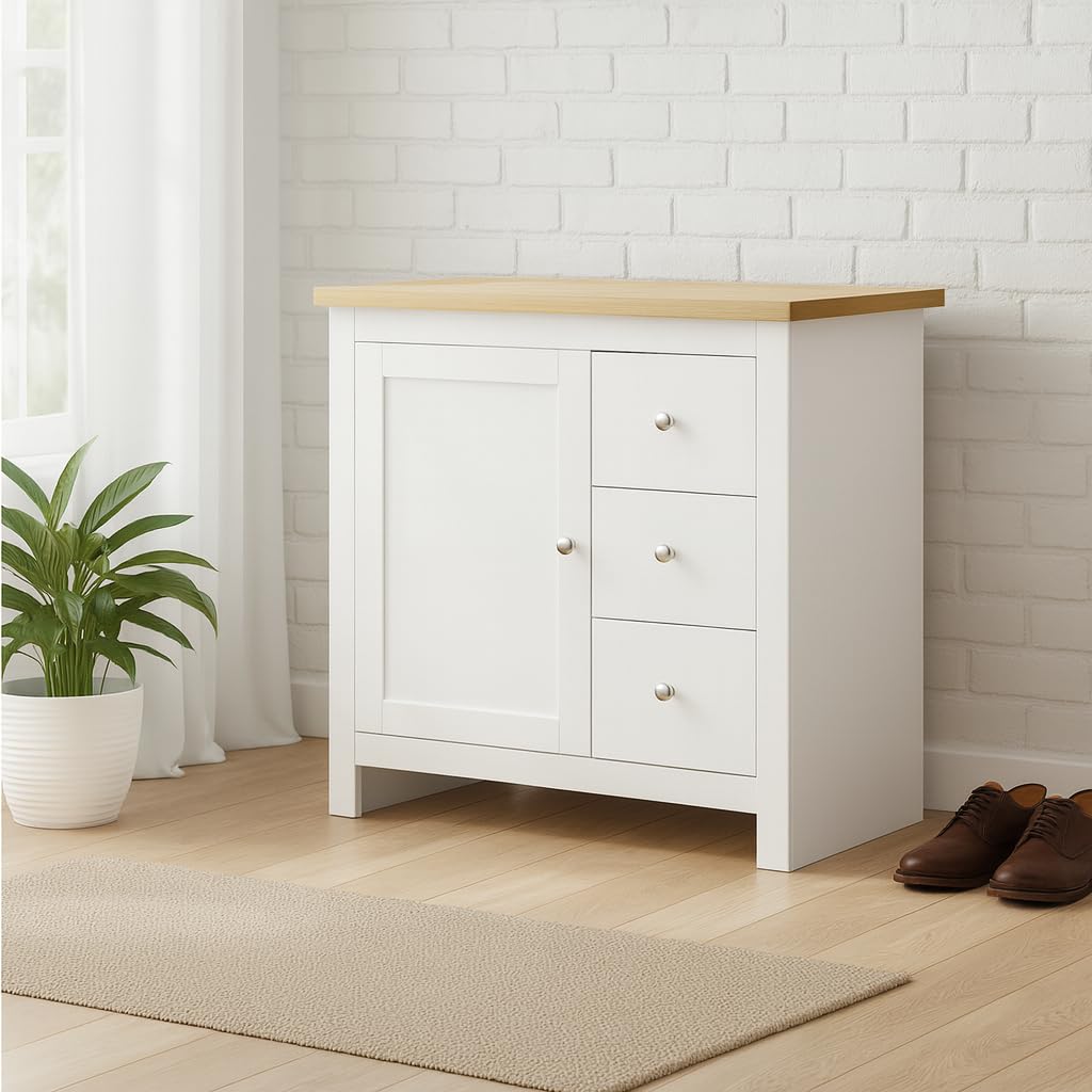 Home Treats White & Pine 3 Drawer Storage Cabinet | Modern Wooden Chest with Natural Pine Top, Stylish Finish for Bedroom or Living Room (White, 3 Drawer Cabinet)